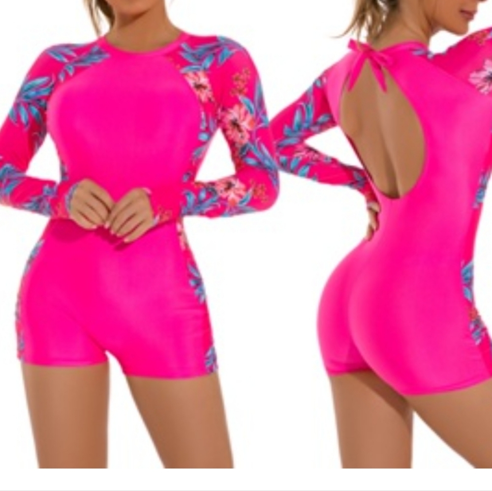 One Piece Swimsuit Floral Print Backless Bandage All-in-One Long Sleeve Swimwear